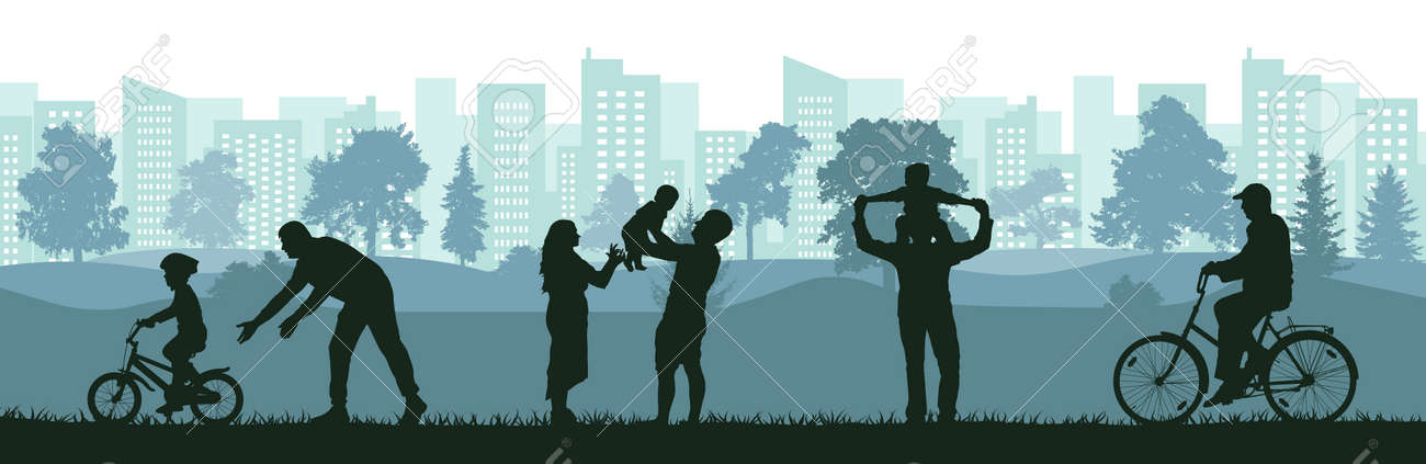 Lifestyle of people, silhouette of happy family, man, woman and child, old man. Learning child to ride bicycle by father, active sport life of elderly man, birth baby on family. Vector illustration. - 164303829 Lifestyle of people, silhouette of happy family, man, woman and child, old man. Learning child to ride bicycle by father, active sport life of elderly man, birth baby on family. Vector illustration. - 164303829