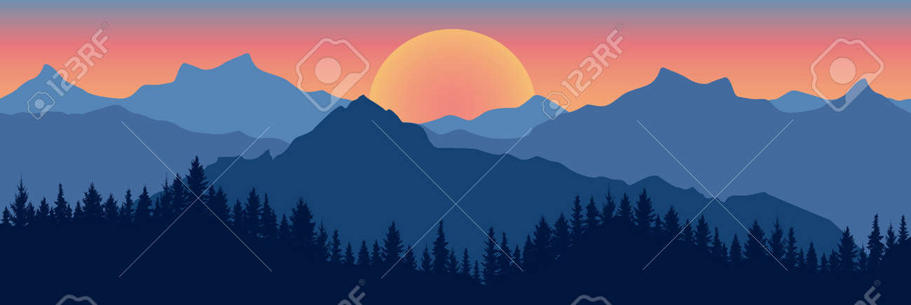 Beautiful landscape. Silhouette of dark blue forest on background of mountains and sunset. Panoramic view. Vector illustration. - 164195179 Beautiful landscape. Silhouette of dark blue forest on background of mountains and sunset. Panoramic view. Vector illustration. - 164195179