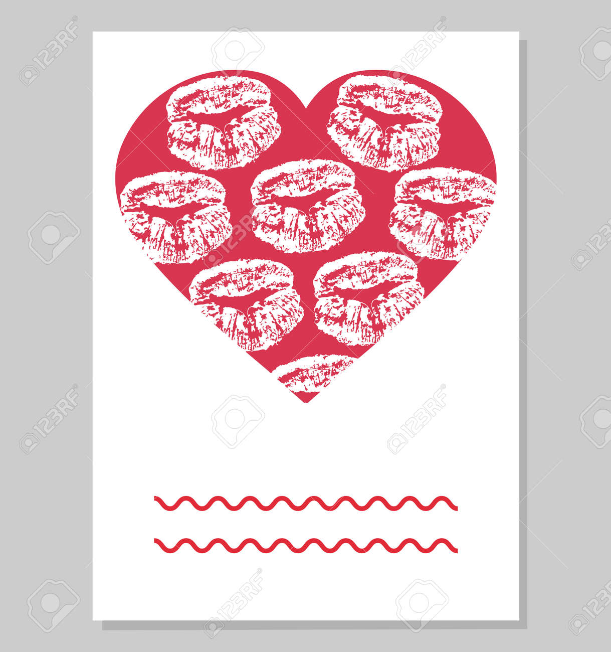 Greeting card or wedding invitation. Mark of female lips in red heart shape. Vector illustration. - 164325345 Greeting card or wedding invitation. Mark of female lips in red heart shape. Vector illustration. - 164325345