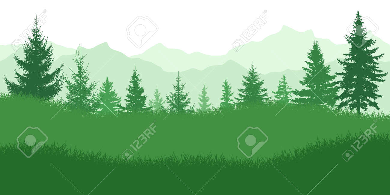 Spring nature, landscape. Green meadow on background of green forest and mountains. Vector illustration. - 164644720 Spring nature, landscape. Green meadow on background of green forest and mountains. Vector illustration. - 164644720