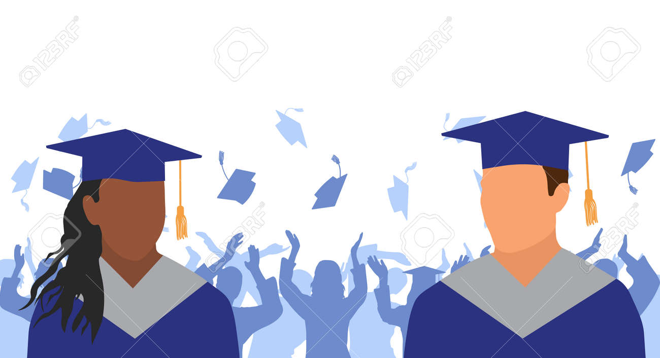 African American girl and Caucasian boy graduates in mantle and academic square cap on background of cheerful crowd of graduates throwing academic square caps. Graduation ceremony. Vector illustration - 165561511 African American girl and Caucasian boy graduates in mantle and academic square cap on background of cheerful crowd of graduates throwing academic square caps. Graduation ceremony. Vector illustration - 165561511