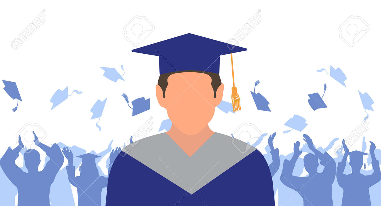 Man graduate in mantle and academic square cap on background of cheerful crowd of graduates throwing their academic square caps. Graduation ceremony. Vector illustration - 165561454 Man graduate in mantle and academic square cap on background of cheerful crowd of graduates throwing their academic square caps. Graduation ceremony. Vector illustration - 165561454