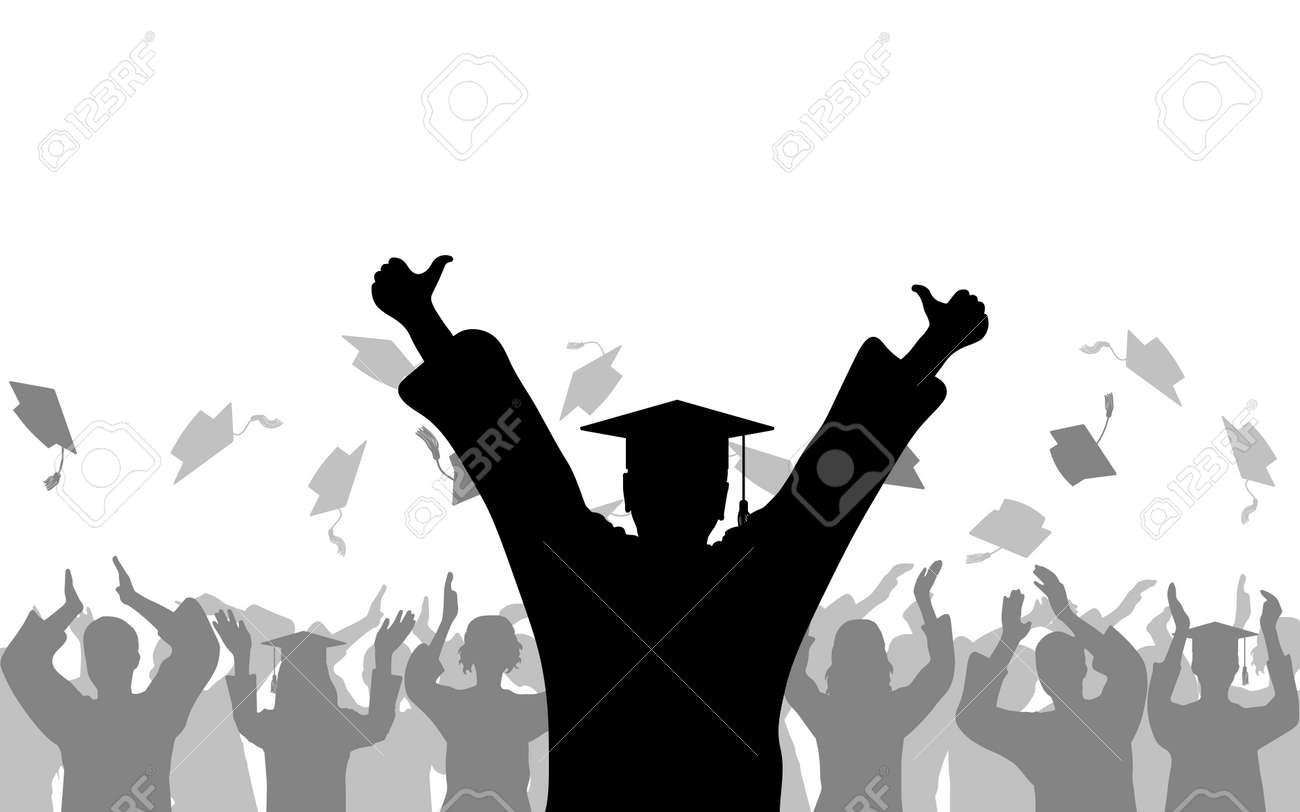 Cheerful boy graduate of joyful crowd of students people throwing mortarboards or academic caps, silhouette. - 168834805 Cheerful boy graduate of joyful crowd of students people throwing mortarboards or academic caps, silhouette. - 168834805