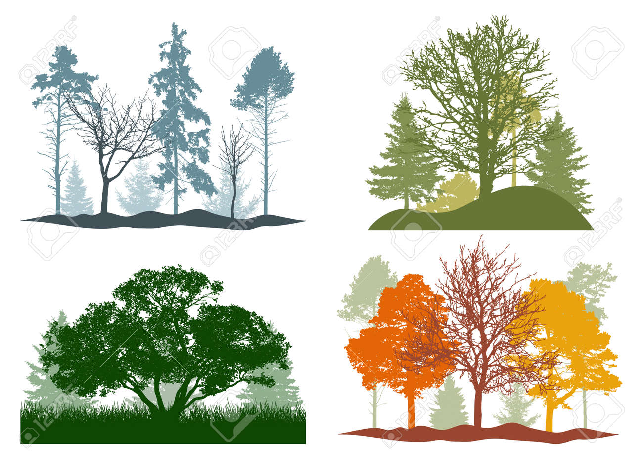 Four seasons, silhouette of summer, autumn, winter, spring woodland, landscape. Vector illustration - 170586875 Four seasons, silhouette of summer, autumn, winter, spring woodland, landscape. Vector illustration - 170586875