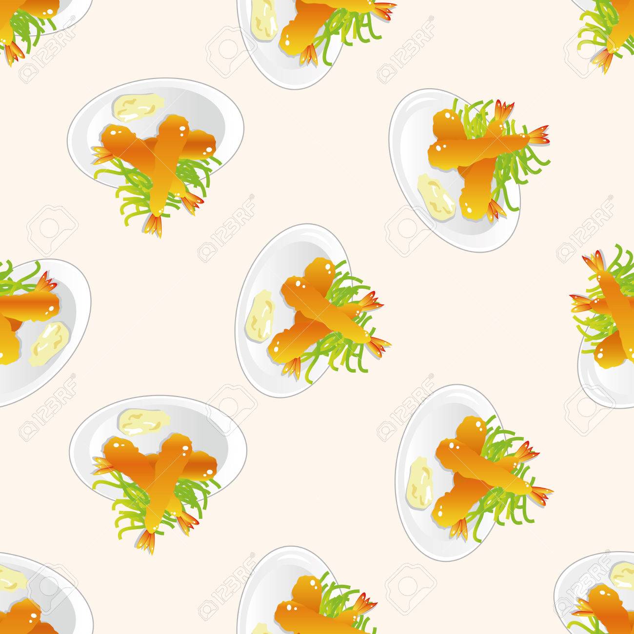 Japanese Food Theme Fried Shrimp Cartoon Seamless Pattern Background Royalty Free Cliparts Vectors And Stock Illustration Image