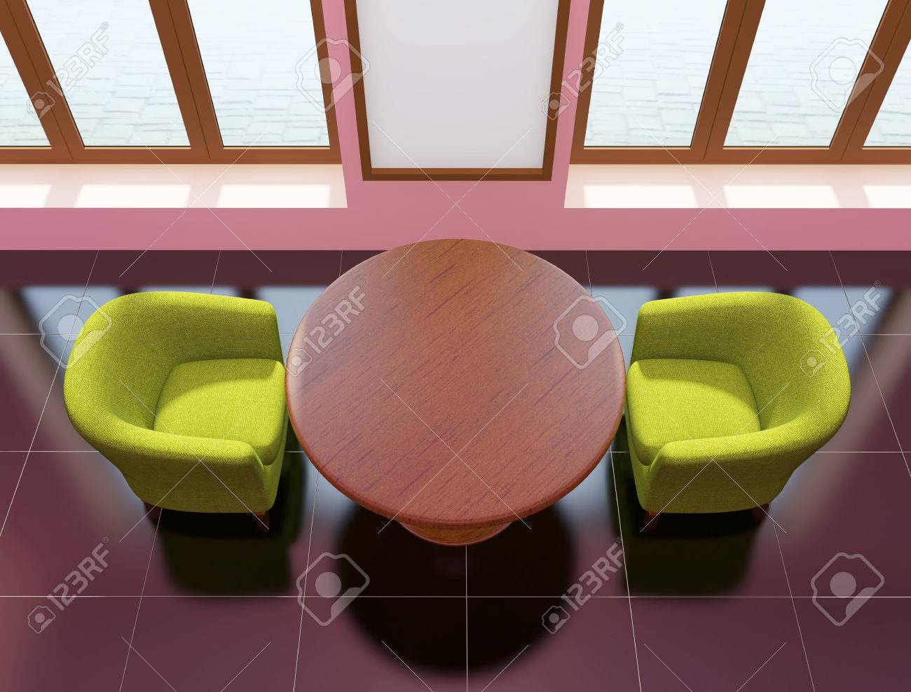 top view of cafe interior with wooden table, green armchairs top view of cafe interior with wooden table, green armchairs