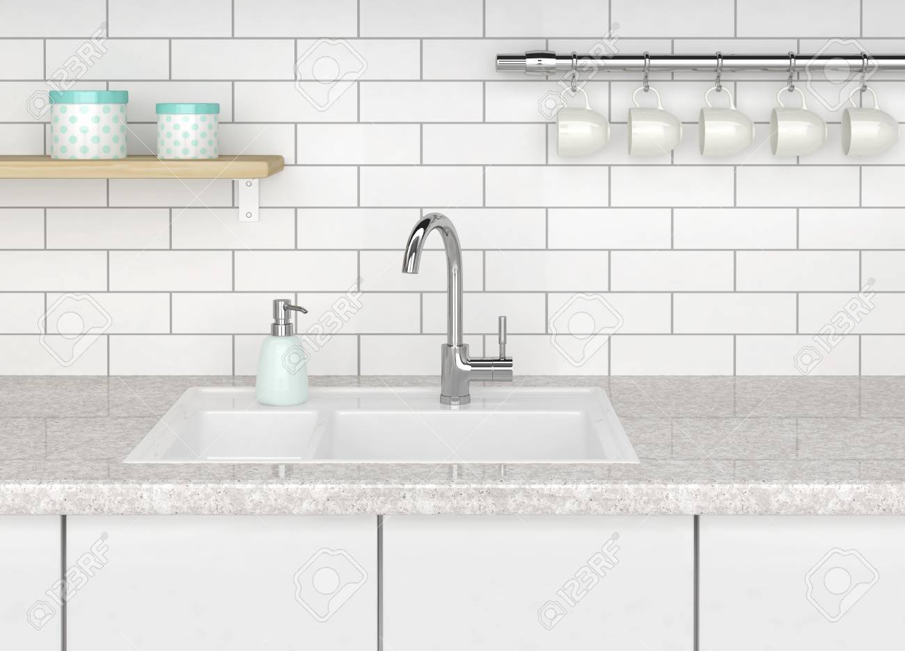 Kitchen With White Sink And Kitchen Faucet White Brick Wall Stock Photo