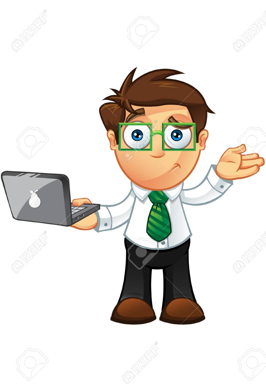 ノート パソコンでビジネスの男性キャラクターのイラスト ロイヤリティ