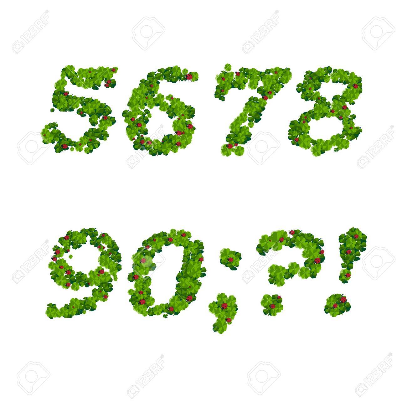 ハッピー聖 Patrick の日のフォント アルファベットとてんとう虫とクローバーの数字のイラスト素材 ベクタ Image