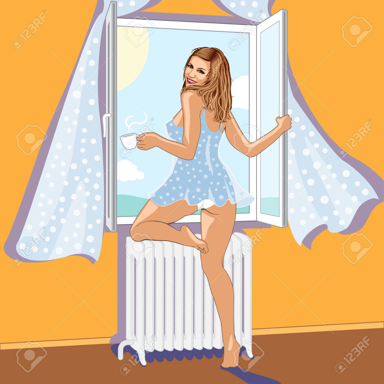 開いた窓の近くのセクシーな女性がコーヒー カップと笑顔で振り返るのイラスト素材 ベクタ Image