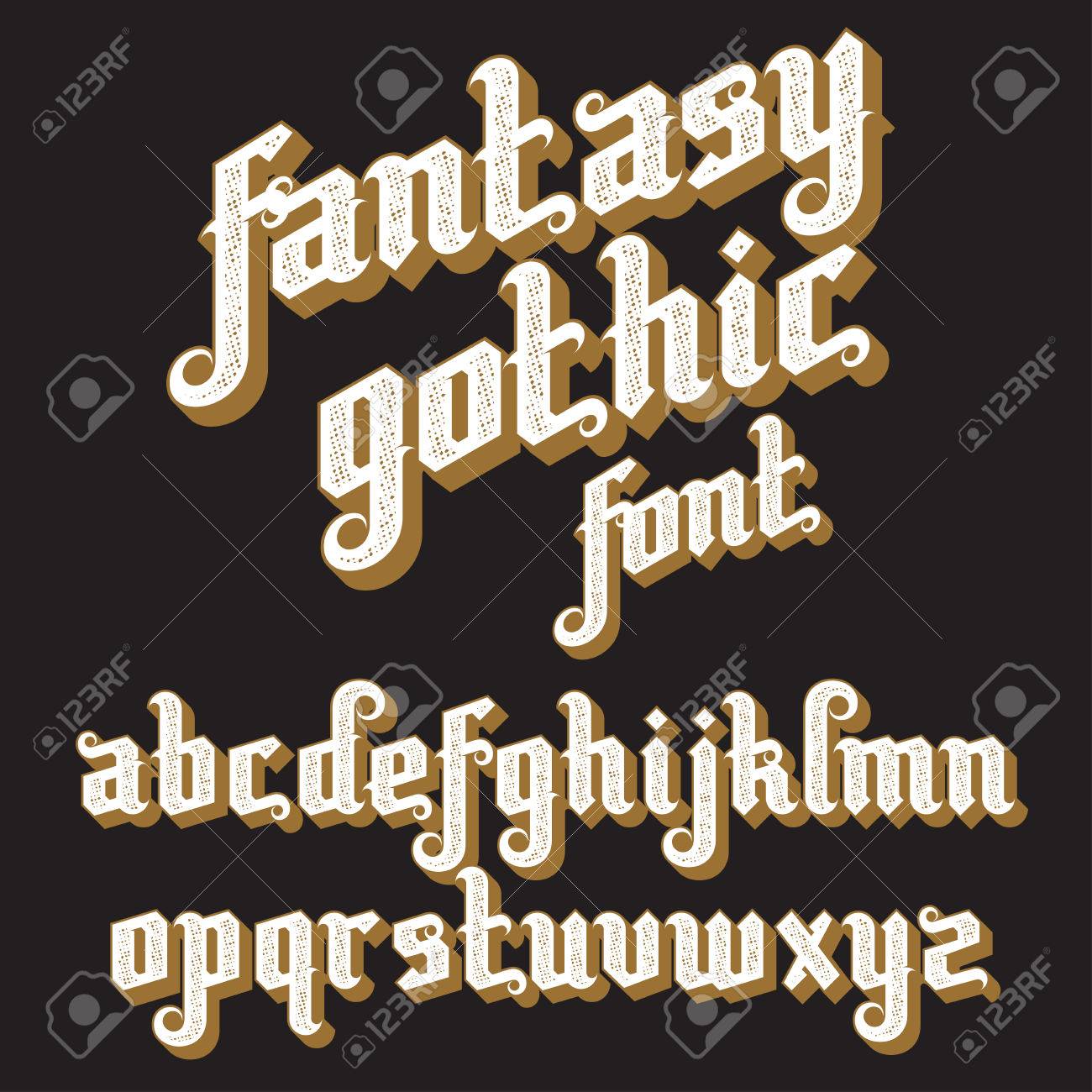 ファンタジー ゴシック フォントです レトロなビンテージのアルファベット 暗い背景にカスタム型文字 のイラスト素材 ベクタ Image