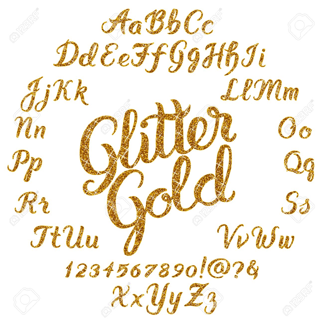 Handwritten Glitter Gold alphabet vector font. Hand drawn brush script letters on black background. Stock vector lettering typography - 53202379 Handwritten Glitter Gold alphabet vector font. Hand drawn brush script letters on black background. Stock vector lettering typography - 53202379