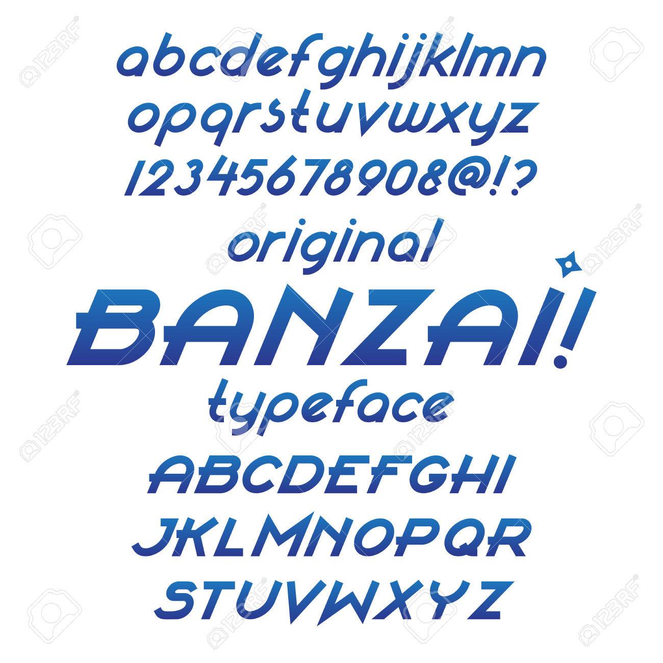 バンザイ タイプフェイス カスタムの斜体文字 ブルー グラデーション フォント 数字および記号 フラット Callygraphic 羽スタイル ベクター用ゴシック体のアルファベット のイラスト素材 ベクタ Image