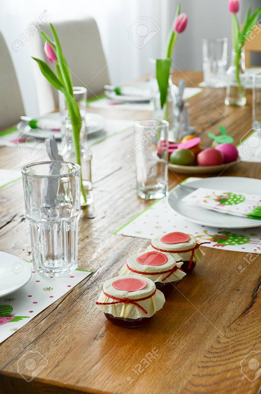 Festive Dinner Table Set For Easter Brunch Decorated In Green ... Festive Dinner Table Set For Easter Brunch Decorated In Green ...