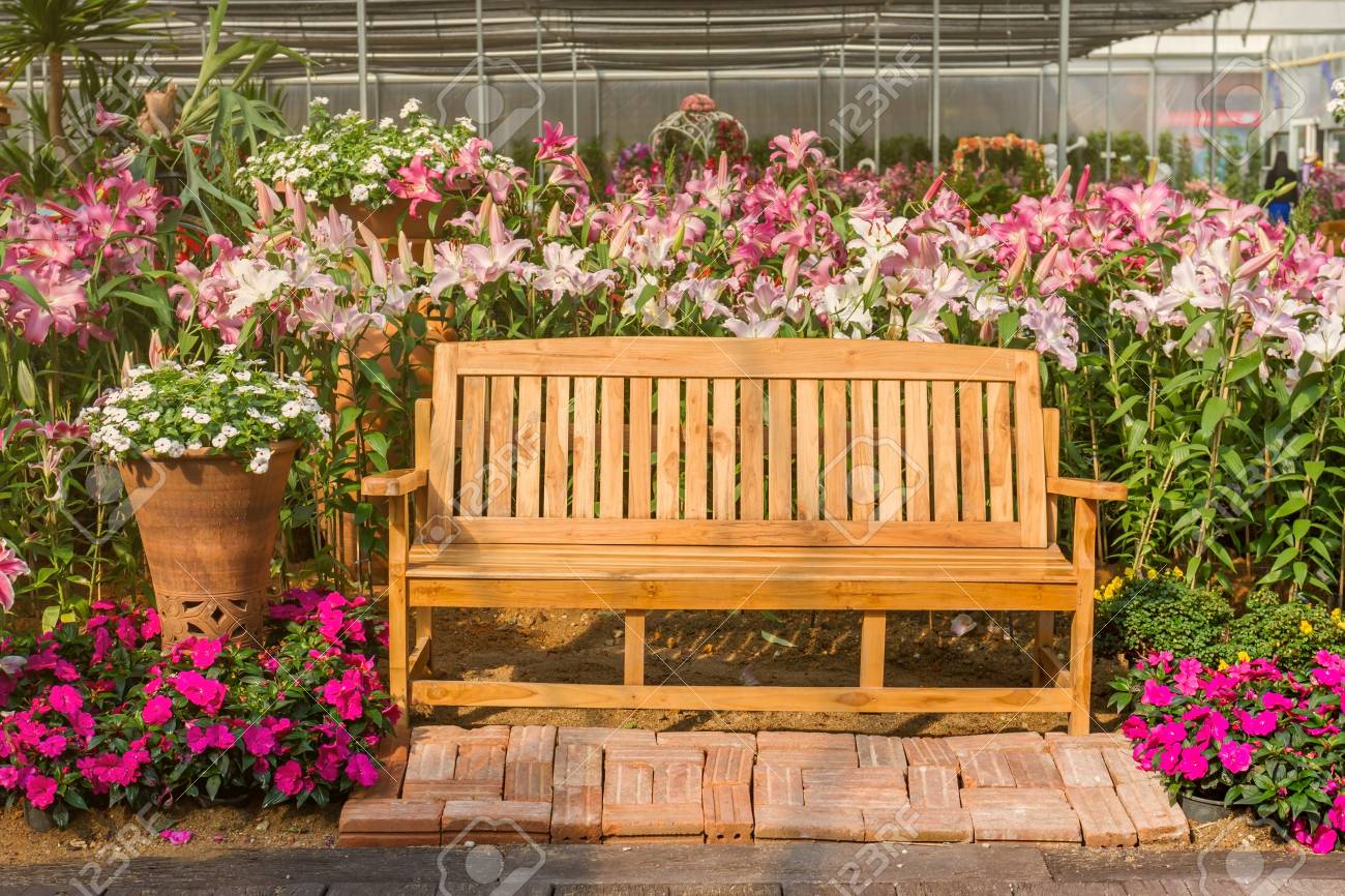 flower garden with bench
