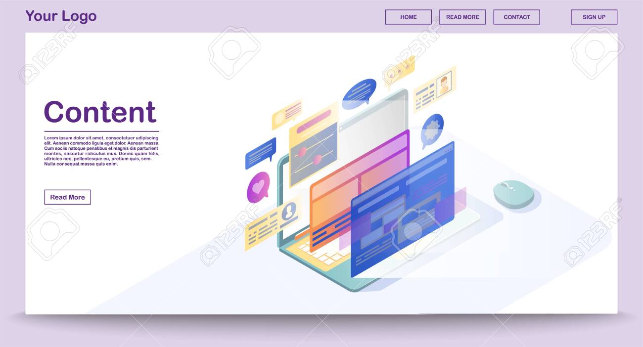 Content Webpage Vector Template With Isometric Illustration. Website  Interface Design. Software Development. Responsive Web Design 3d Concept.  Virtual Screens. Web Banner, Page, Presentation Idea Клипарты, SVG,  векторы, и Набор Иллюстраций Без Оплаты