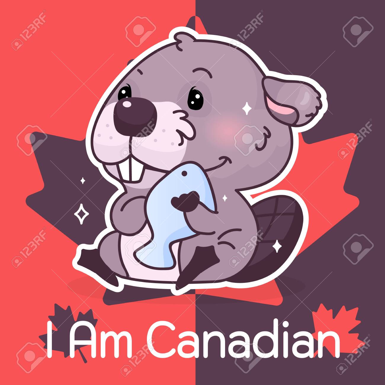 Cute beaver Canada symbol kawaii character social media post mockup. I am canadian typography. Poster, card template with mascot and maple leaves. Cute beaver Canada symbol kawaii character social media post mockup. I am canadian typography. Poster, card template with mascot and maple leaves.