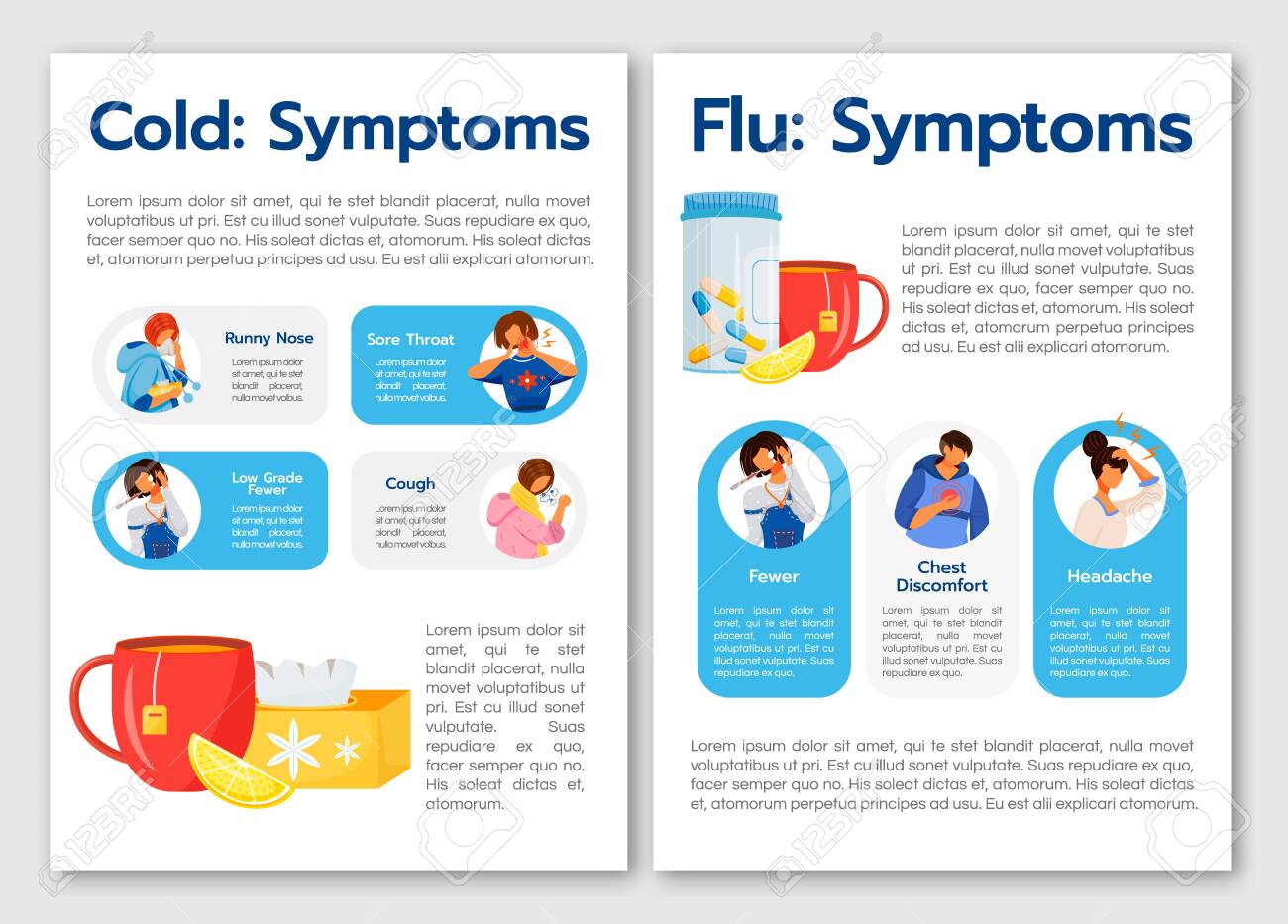 Common Cold And Flu Virus Symptoms Flat Vector Brochure Template. Flyer, Booklet, Printable Leaflet Design. Magazine Page, Cartoon Annual Reports, Infographic Posters With Text Space Royalty Free SVG, Cliparts, Vectors, and Stock for Free Printable Flu Prevention Posters
