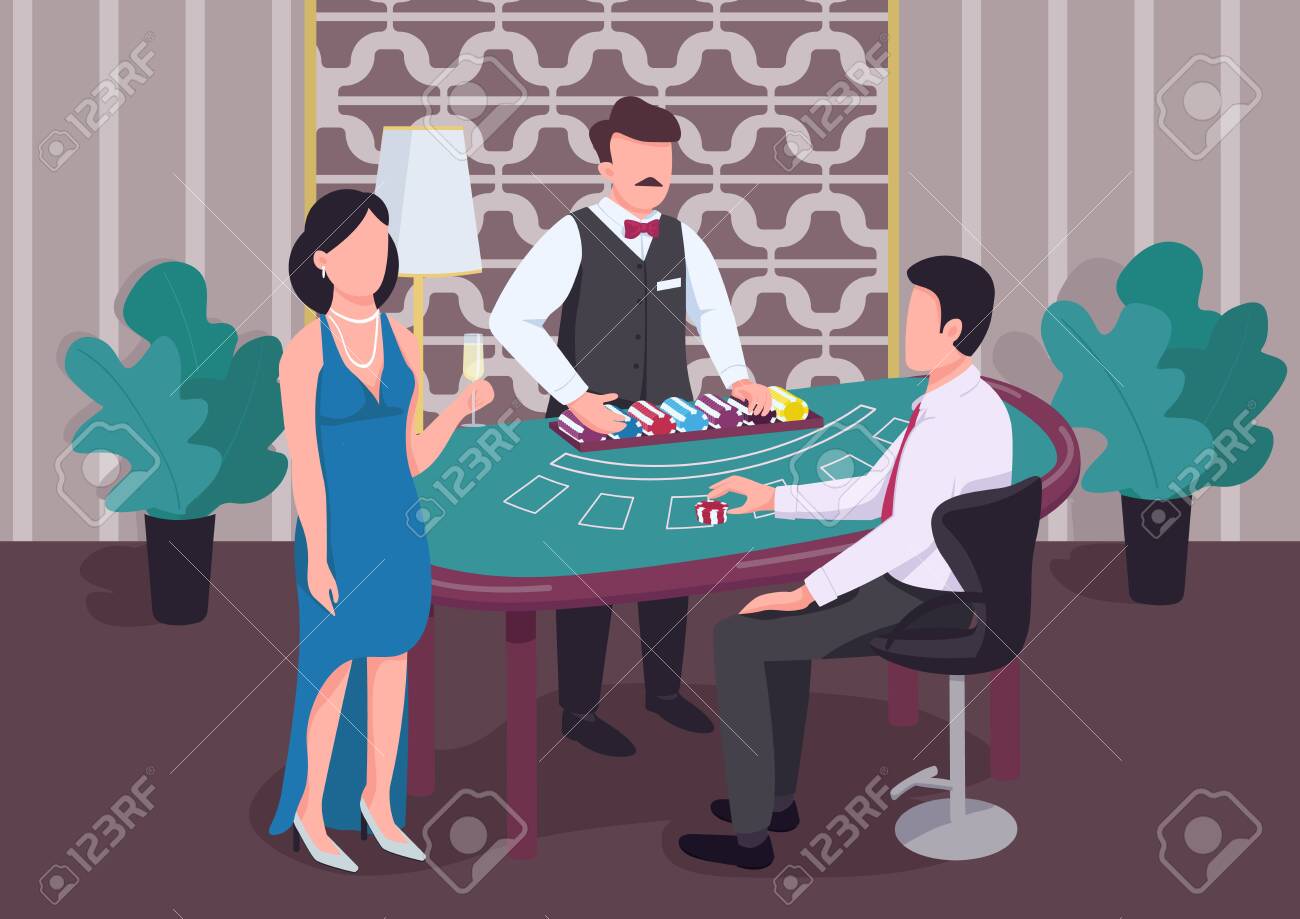カジノフラットカラーベクターイラスト。ディーラーはチップのスタックを数えます。ブラックジャックテーブルの男。ワインウォッチギャンブラーを持つ女性。バックグラウンドでクルーピアとインテリアでプレイヤー2D漫画のキャラクターのイラスト素材・ベクター  Image ...