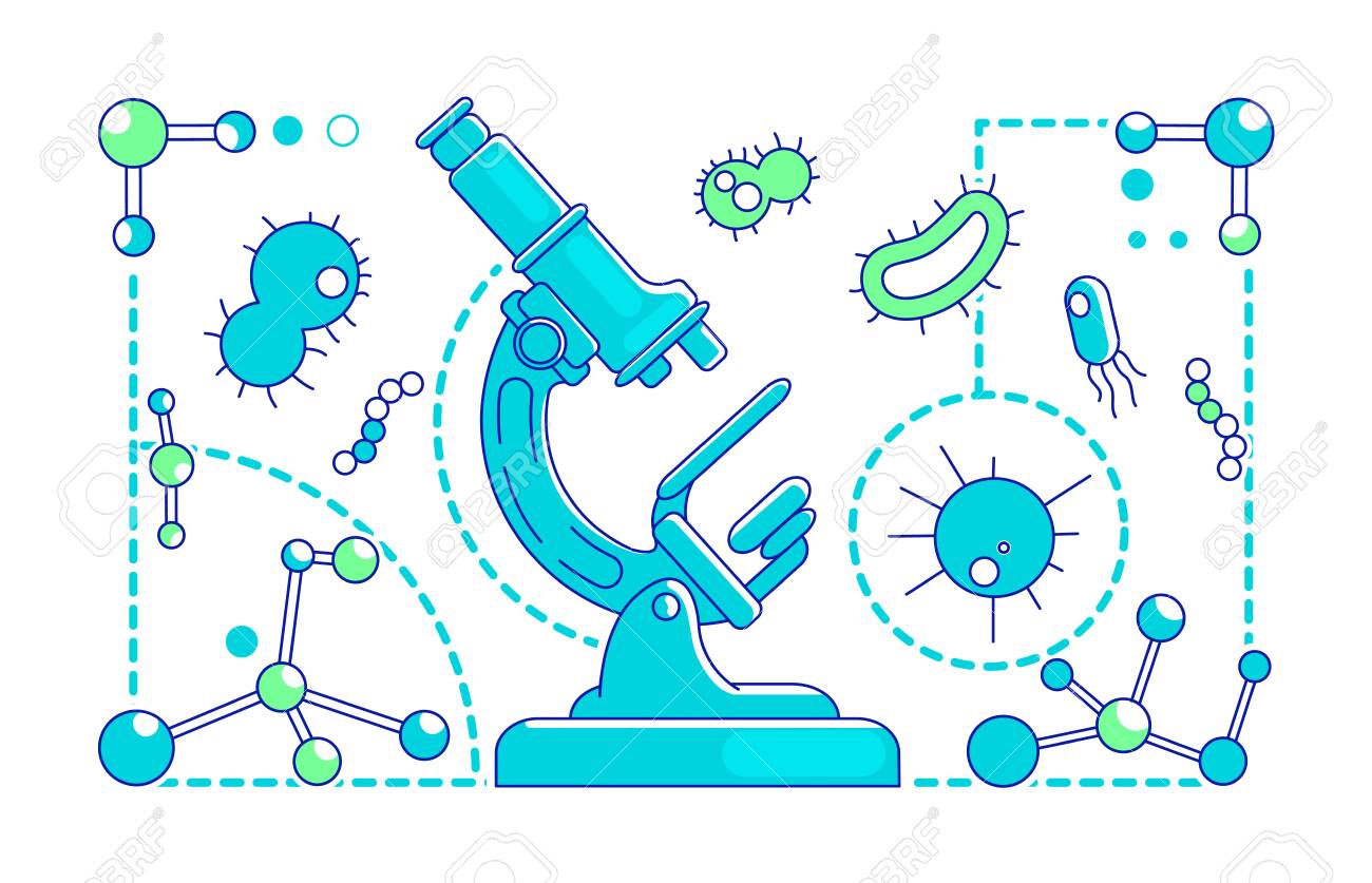 Illustration Vectorielle De Microbiologie Fine Ligne Concept. Microscope Scientifique, Bactéries Et Molécules Composition De Dessin Animé 2D Pour La Conception De Sites Web. Recherche Scientifique, Idée Créative D'expérience En Laboratoire Clip Art