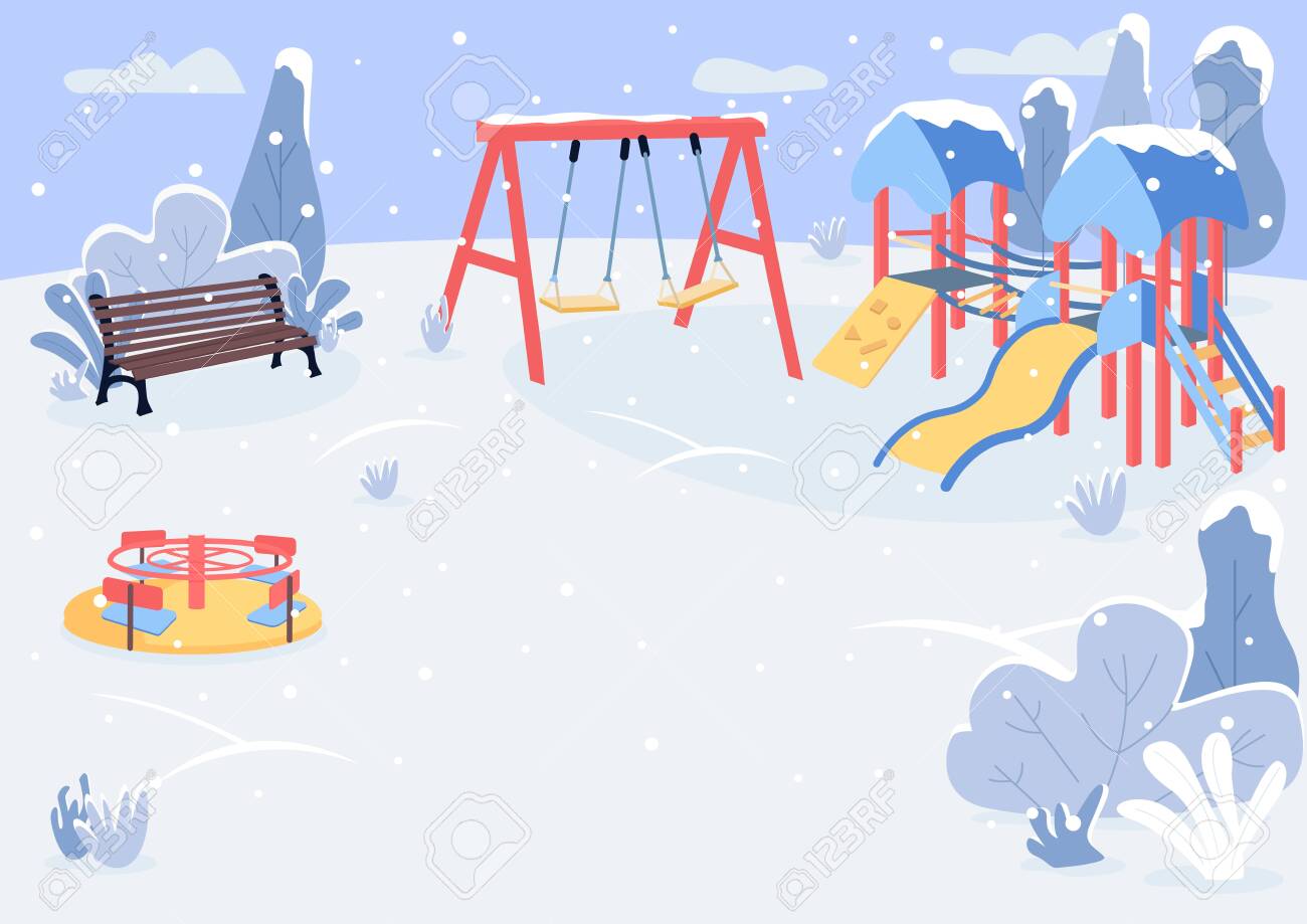 Playground In Winter Flat Color Vector Illustration. Winter Recreation Zone  For Children. Snowy Weather. Kids Play Area Equipment Covered With Snow 2D  Cartoon Landscape With Trees On Background Royalty Free SVG, Cliparts,, image size:1300x919