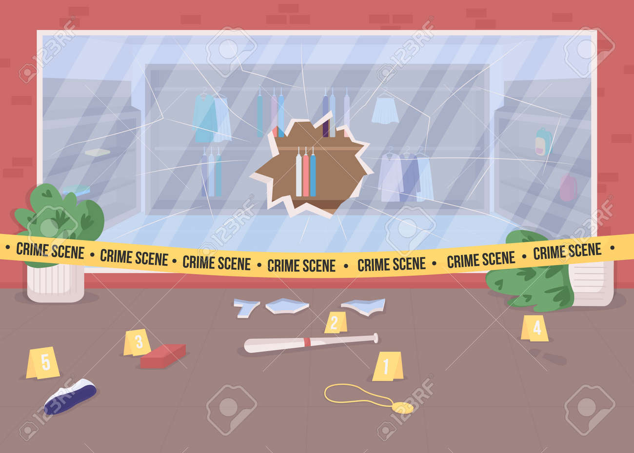 Shop Burglary Crime Scene Flat Color Vector Illustration. Broken Store  Window. Crime Evidence. Police Investigation Area. Restricted Area 2D  Cartoon Cityscape With Police Tape On Background Клипарты, SVG, векторы, и  Набор Иллюстраций