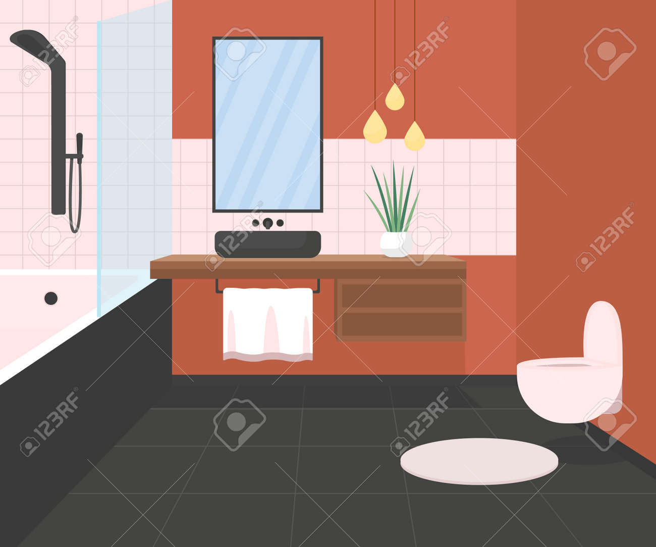 Luxury Bathroom Flat Color Vector Illustration. Bathtub For Personal  Hygiene. Wash, Clean In Faucet. Household Furniture. Toilet 2D Cartoon  Interior With Sink And Mirror On Background Royalty Free SVG, Cliparts,  Vectors, and, image size:1300x1083