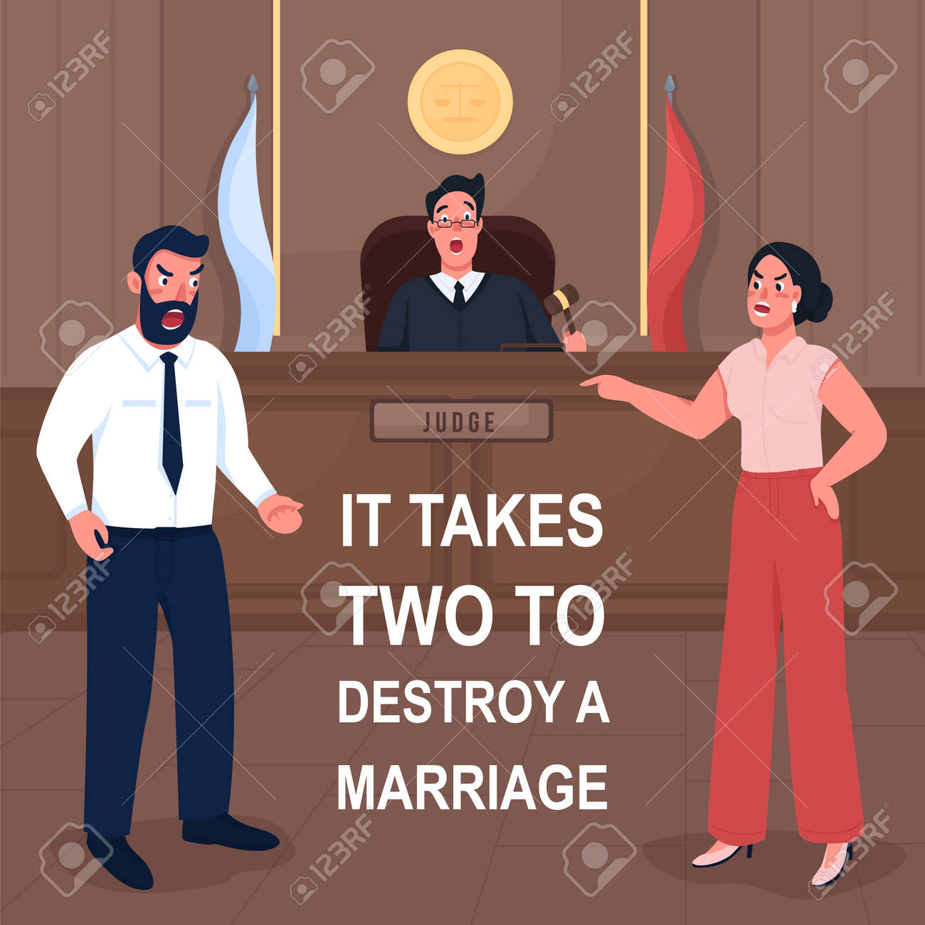 Court social media post mockup. It takes two to destroy marriage phrase. Web banner design template. Justice booster, content layout with inscription. Poster, print ads and flat illustration - 164467109