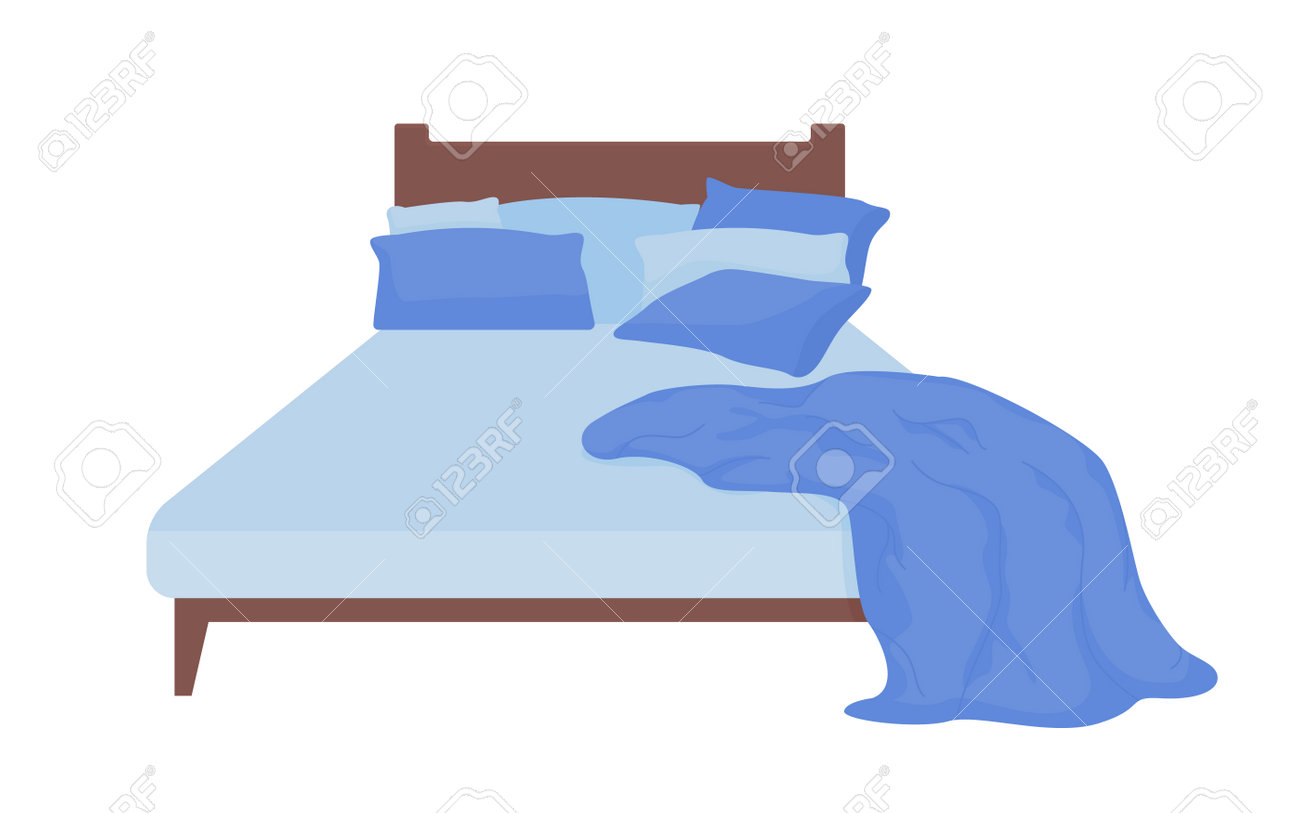 Double Bed With Crumpled Blanket Semi Flat Color Vector Object. Editable  Element. Full Sized Item On White. Bedroom Simple Cartoon Style  Illustration For Web Graphic Design And Animation Royalty Free SVG, Cliparts ,, image size:1300x813