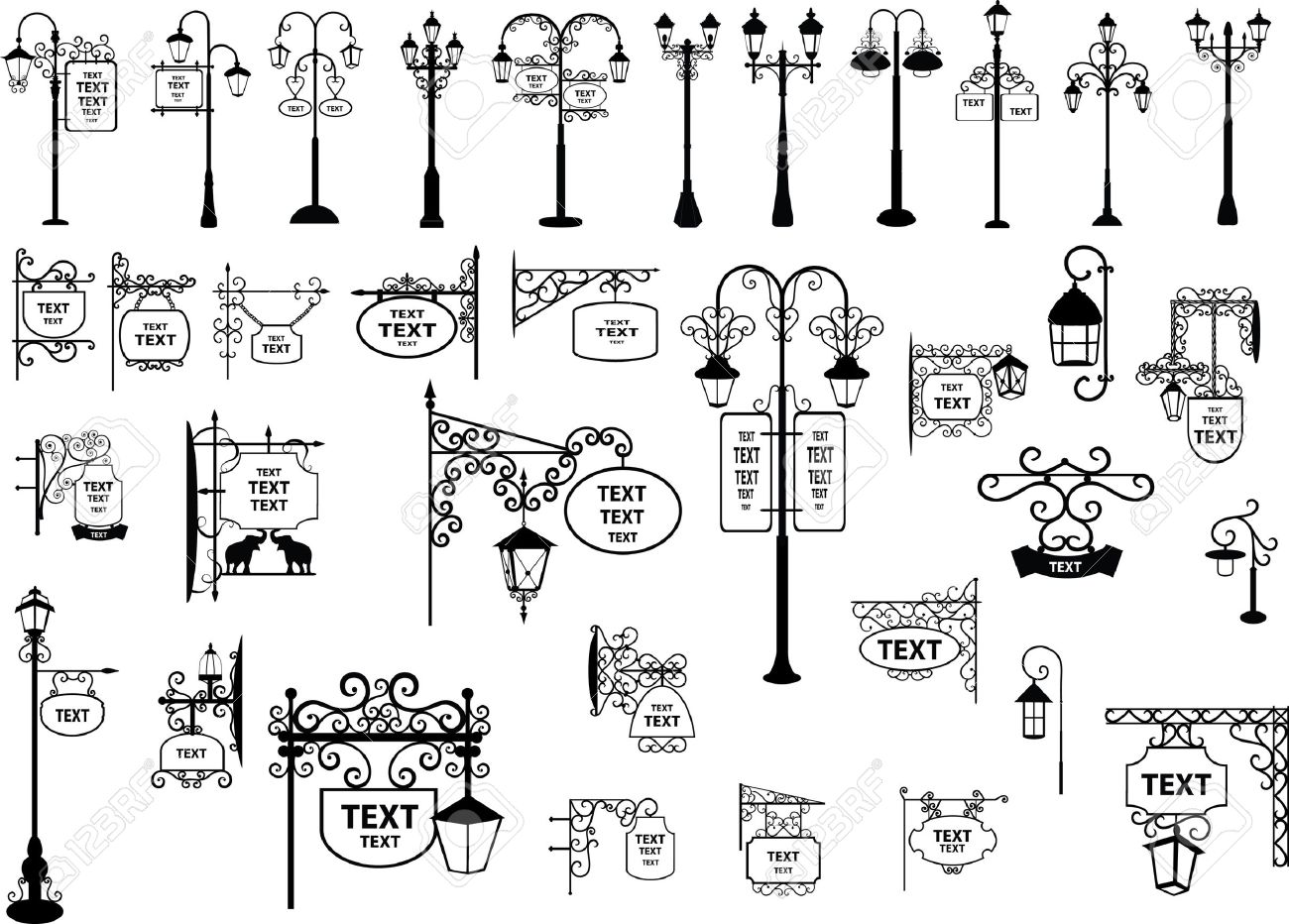 レトロとモダンな道路標識およびランタンのイラストのイラスト素材