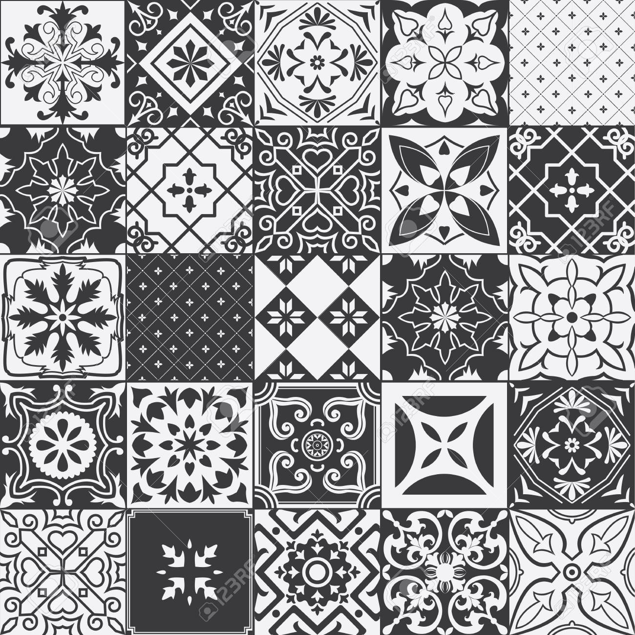 Gran Conjunto De Fondo De Los Azulejos En Blanco Y Negro. Para Fondo De  Pantalla, Fondos, Decoración Para Su Diseño, Cerámica, La Página De Relleno  Y Mucho Más. Ilustraciones Vectoriales, Clip Art