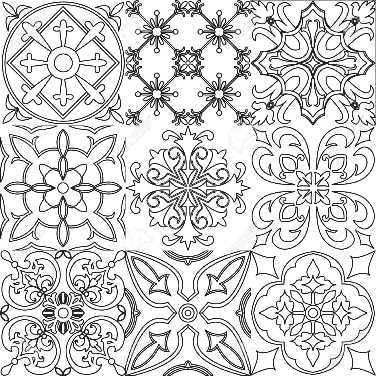 Big Vector Set Of Black And White Tiles Background For Coloring
