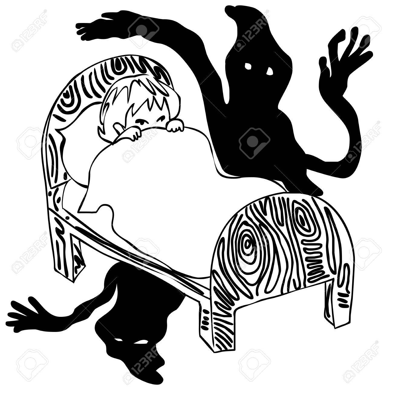 子供の幽霊 モノクロを見て 悪夢を見ること 暗闇の中を恐れてのイラスト素材 ベクタ Image