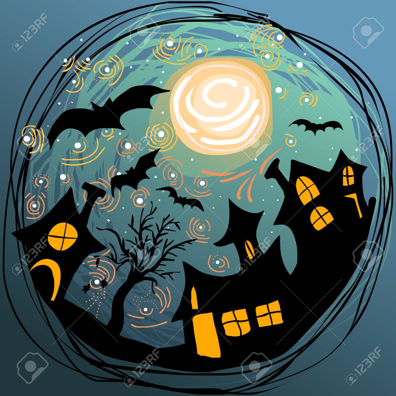 魔法のスタリ 星空 月 コウモリ Hounted 家のハロウィン イラストを落書き のイラスト素材 ベクタ Image