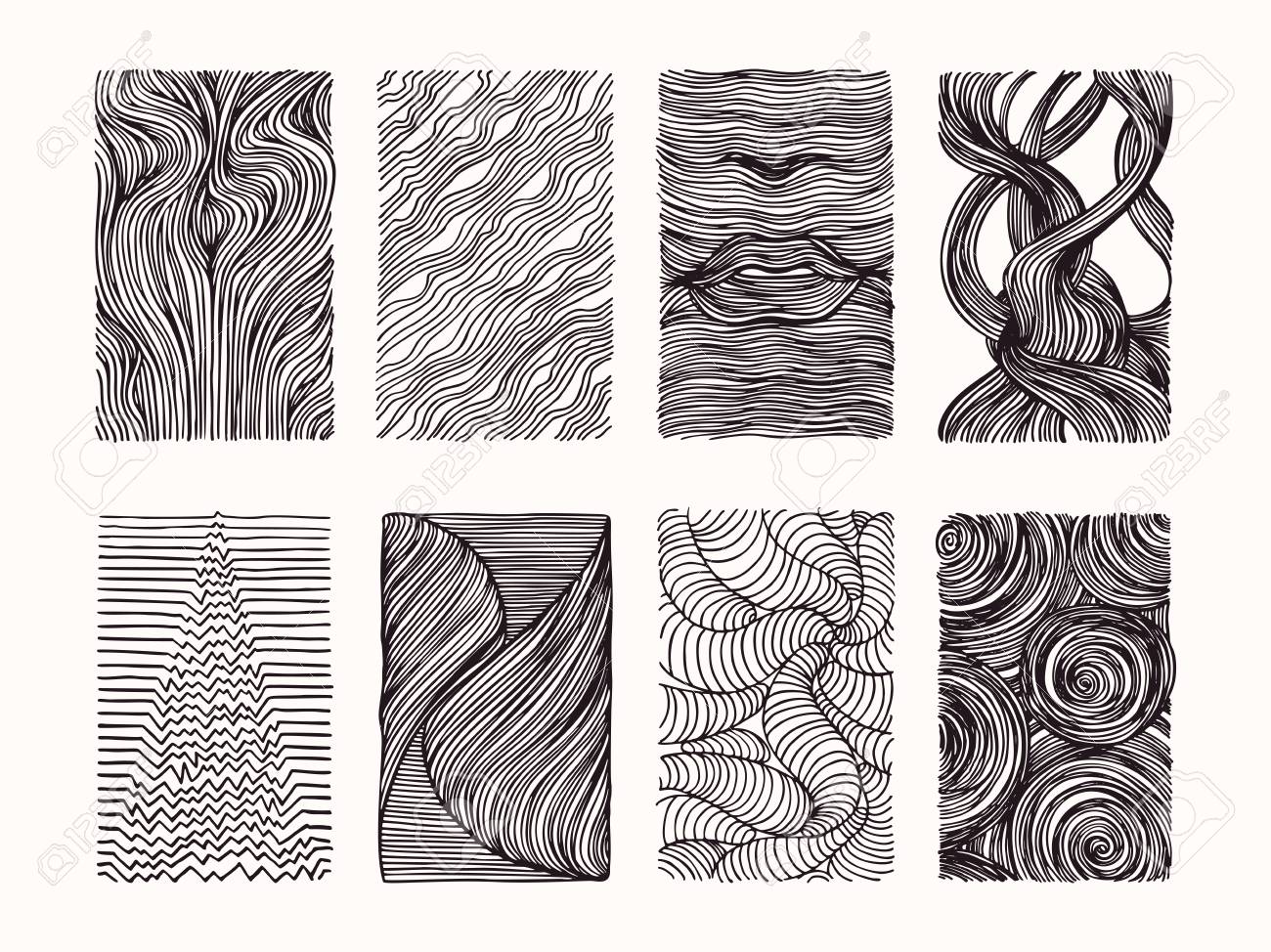 Hand Drawn Wavy Linear Textures Made With Ink. Graphic Design Template  Collection. Swirl, Curl, Wavy Stripe, Abstract Line Drawing, Organic  Background, Linear Graphic Pattern. Isolated Vector Set. Royalty Free SVG,  Cliparts, Vectors,