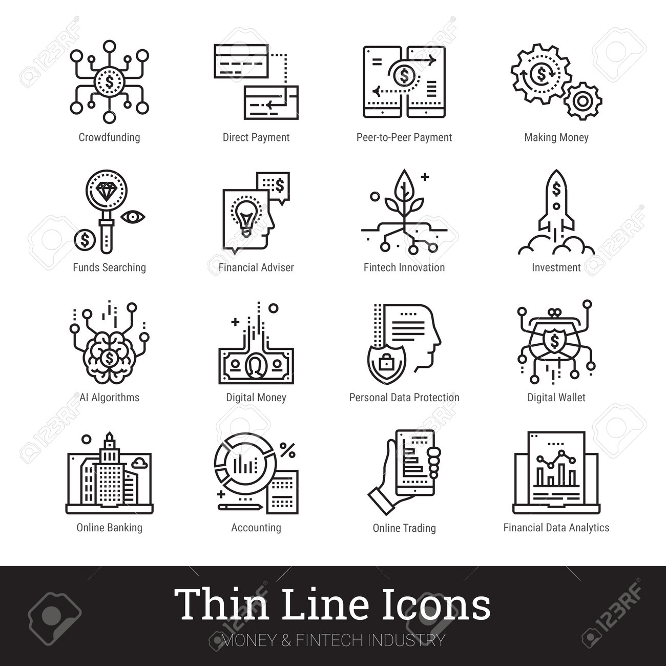 フィンテック業界、お金、金融の細い線のアイコンセット。  Webサービス、モバイルアプリケーション用のモダンなベクトルのロゴ。投資、取引、金儲け、銀行、金融サービスのピクトグラム。編集可能なストローク。のイラスト素材・ベクター  Image 160507546