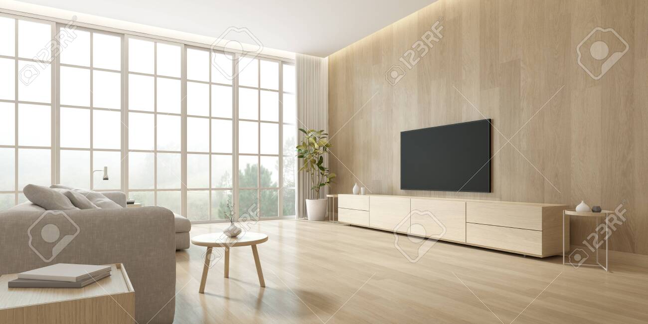 3d Rendering Of Modern Living Room With Tv Screen On Wooden Wall Stock Photo Picture And Royalty Free Image Image 156095717