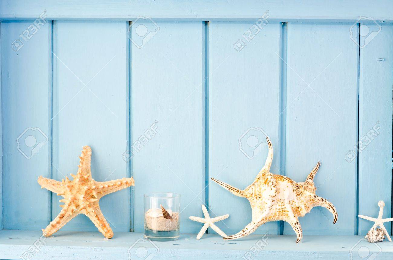 Blue wall decoration with shellfish, beach style decoration - 12411787 Blue wall decoration with shellfish, beach style decoration - 12411787