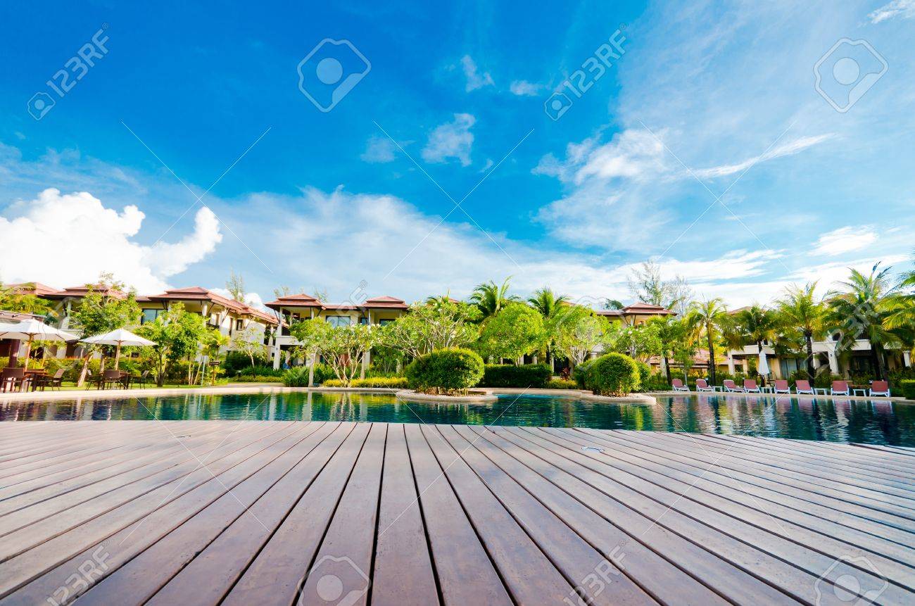 Landscape with pool village and blue sky and cloud - 13537981 Landscape with pool village and blue sky and cloud - 13537981