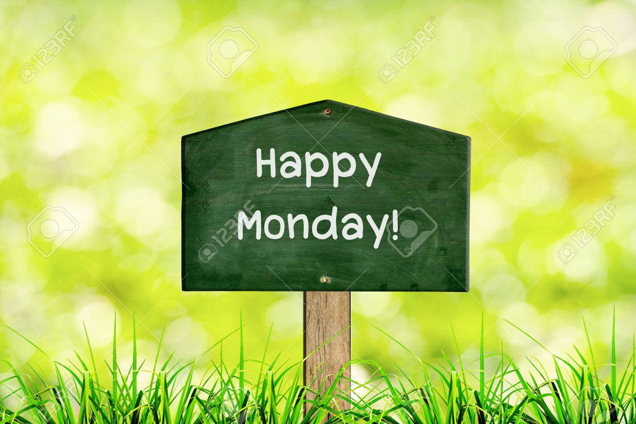 Green Sign Board With Natural Background And Message Happy Monday ...