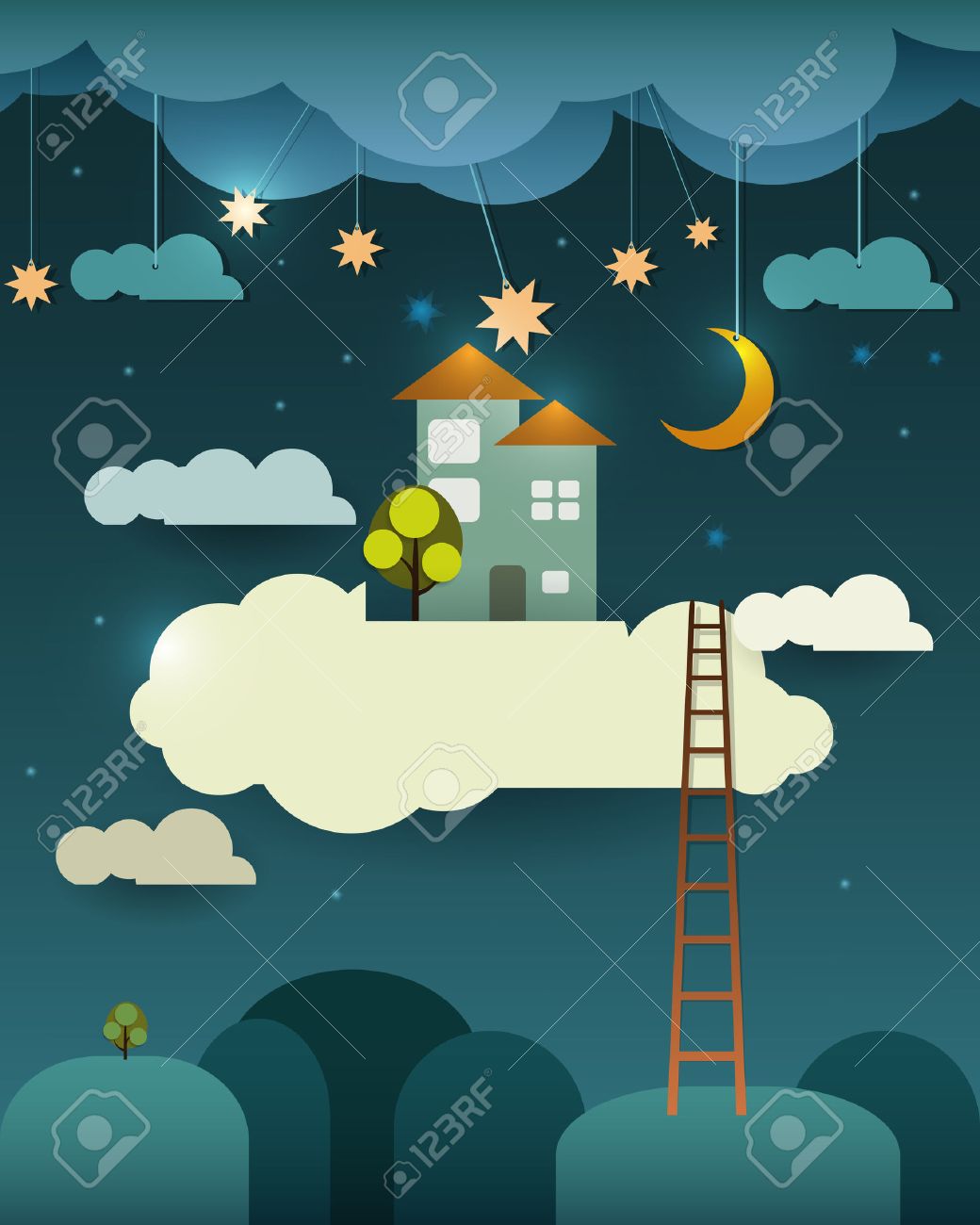 抽象的な紙ファンタジー家の甘い Home 夜月星雲と空 デザインの空白 のイラスト素材 ベクタ Image