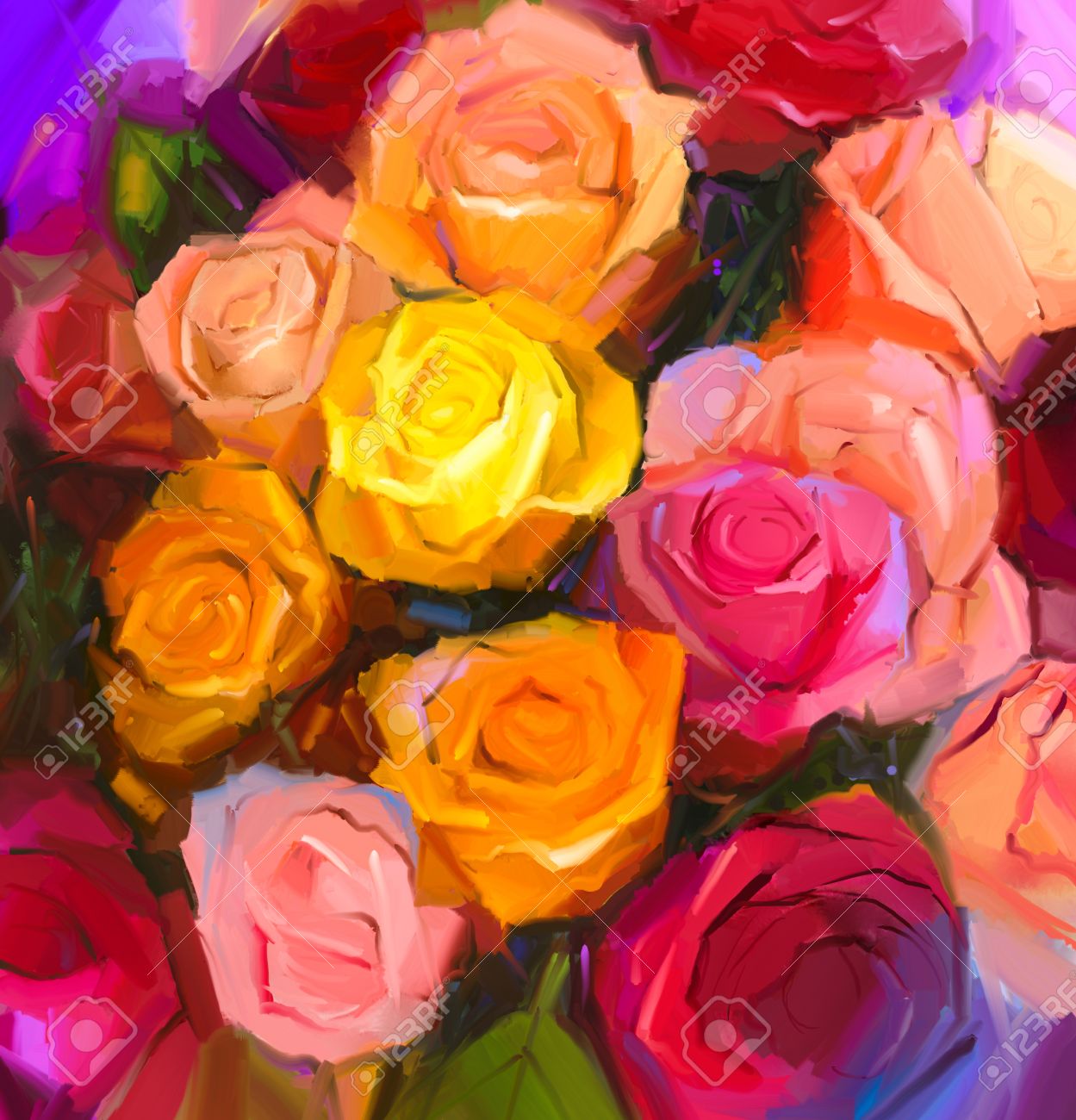 Todavía Vida De Las Flores De Color Amarillo Y Rojo La Pintura Al óleo De Un Ramo De Flores Color De Rosa Pintado A Mano Estilo Impresionista Floral Fotos Retratos Imágenes Y