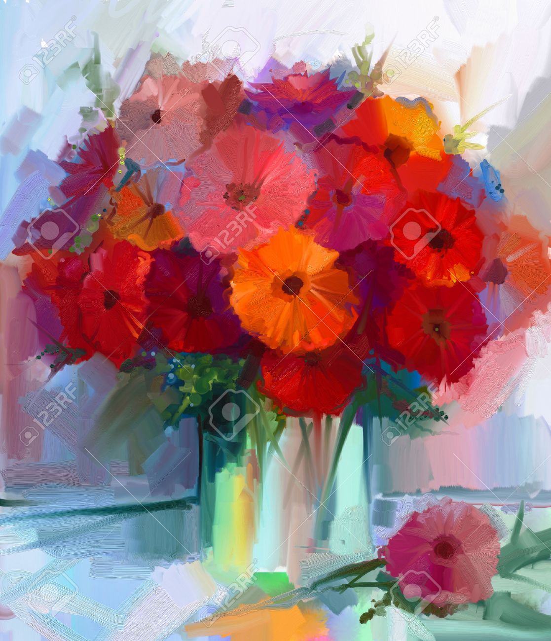 Still Life A Bouquet Of Flowers Oil Painting Red Gerbera Flowers