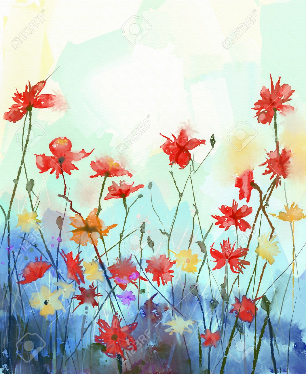 Watercolor Flowers Painting In Soft Color And Blur Style Vintage