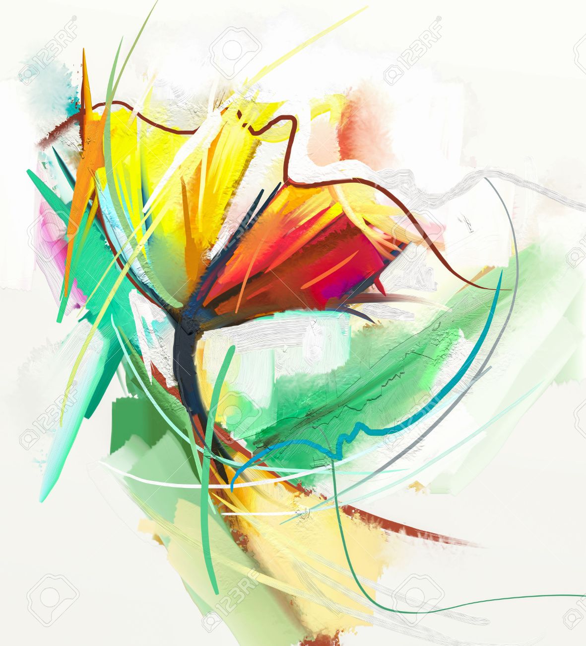 春の花の抽象画油絵 黄色と赤の色の花の静物画 抽象的な現代印象派 花のアート絵画します 花の装飾的な絵画 の写真素材 画像素材 Image