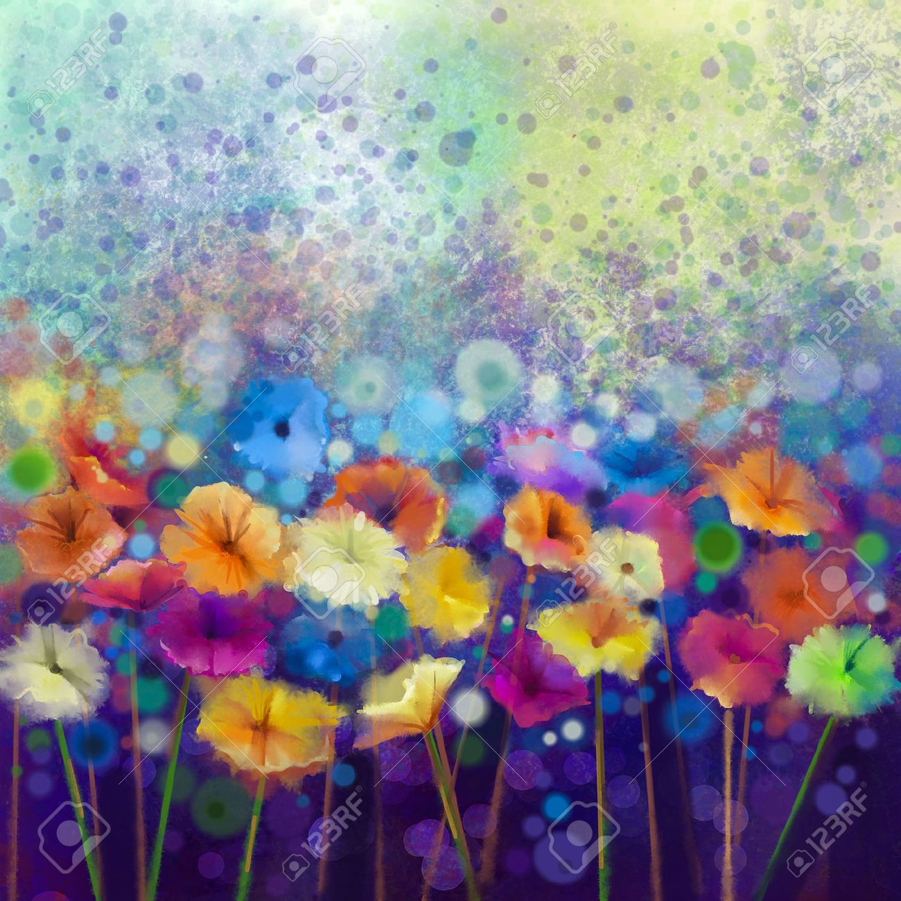 Abstract floral watercolor painting. Hand paint White, Yellow, Pink and Red color of daisy- gerbera flowers in soft color on blue- green color background.Spring flower seasonal nature background - 47943006 Abstract floral watercolor painting. Hand paint White, Yellow, Pink and Red color of daisy- gerbera flowers in soft color on blue- green color background.Spring flower seasonal nature background - 47943006