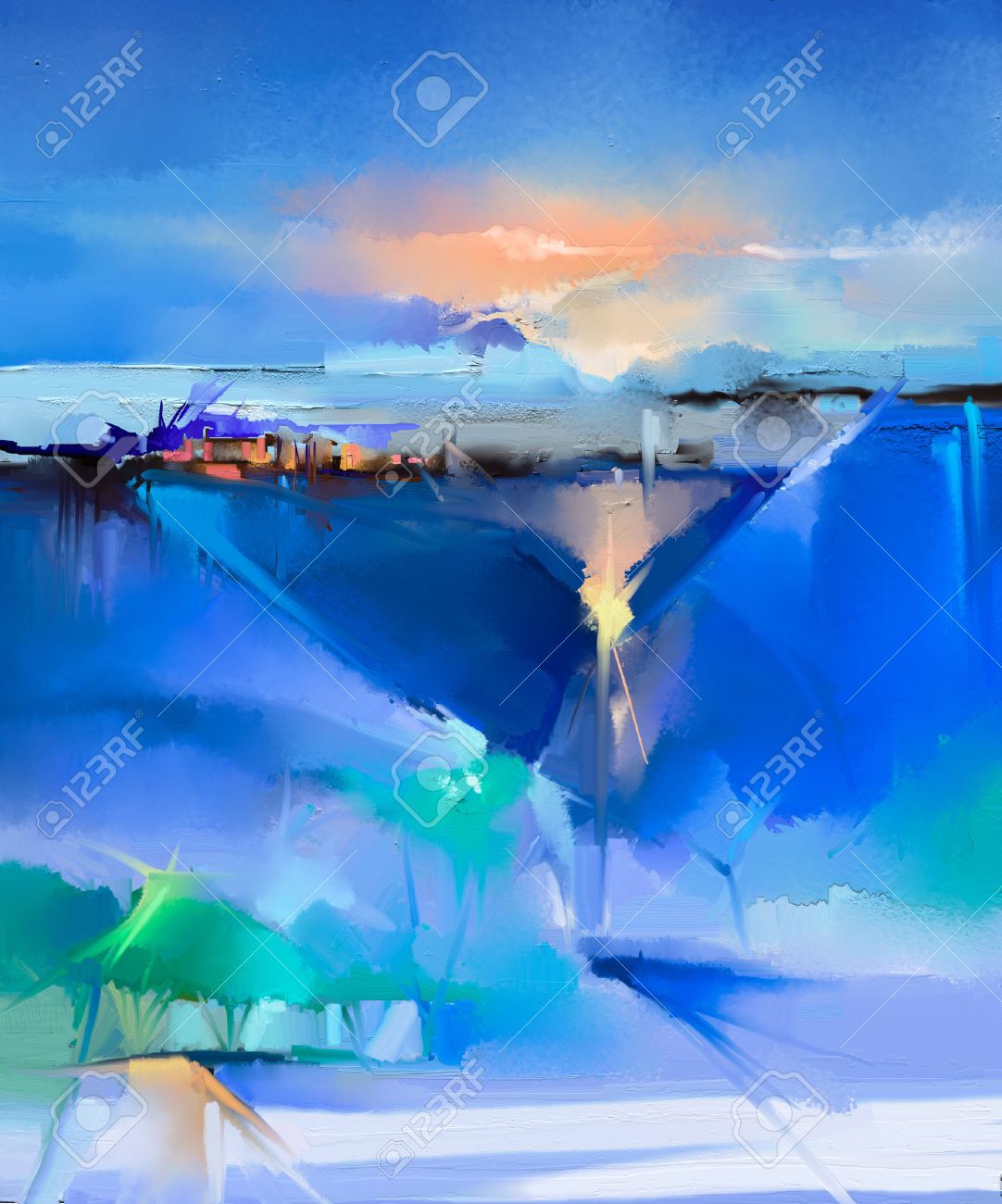 Abstract colorful oil painting landscape on canvas. Semi- abstract image of tree, hill and green, blue field with sunlight and blue sky. Spring season nature background - 52536517 Abstract colorful oil painting landscape on canvas. Semi- abstract image of tree, hill and green, blue field with sunlight and blue sky. Spring season nature background - 52536517