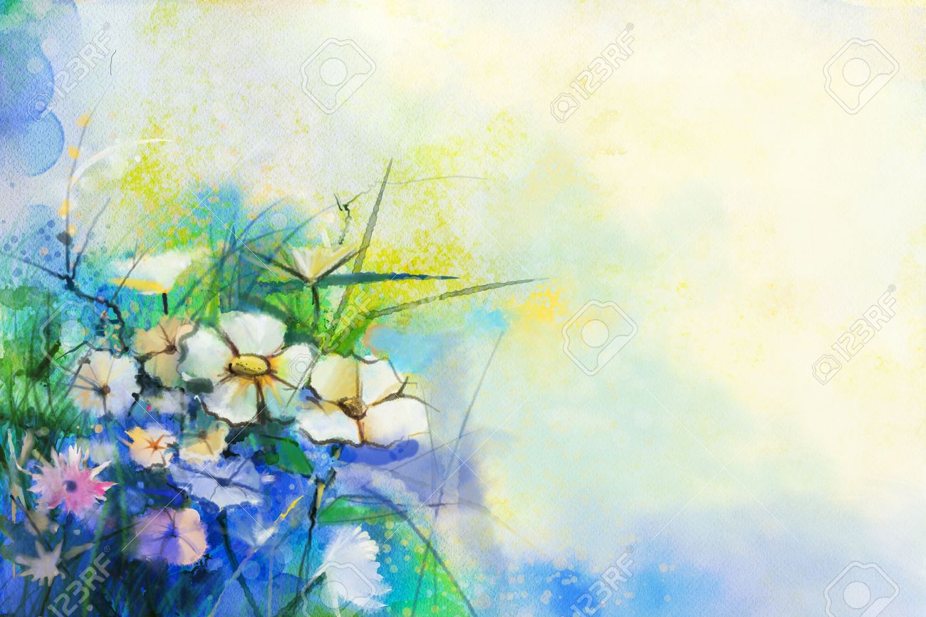 Abstract flower watercolor painting. Hand paint White and soft Yellow, Pink, Red color of meadow flowers in soft color on blue, green color background. Spring floral, Wild flowers seasonal nature - 52594897 Abstract flower watercolor painting. Hand paint White and soft Yellow, Pink, Red color of meadow flowers in soft color on blue, green color background. Spring floral, Wild flowers seasonal nature - 52594897