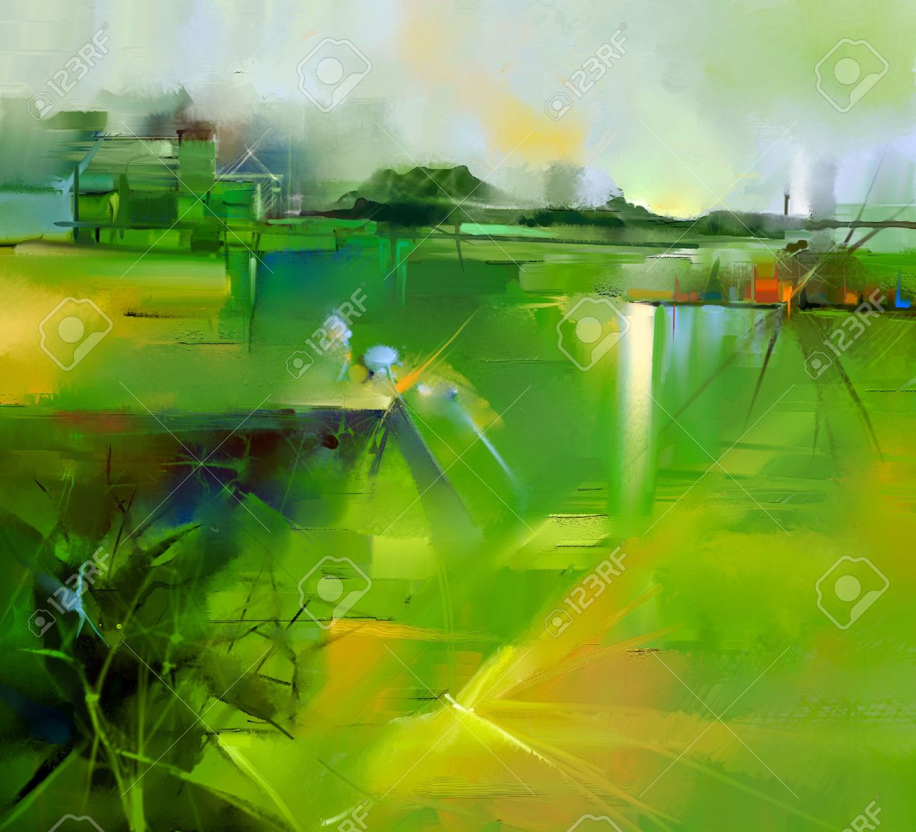 Abstract colorful yellow and green oil painting landscape on canvas. Semi- abstract image of tree, hill and flowers meadow (field) with gray sky. Spring,Summer season nature background - 52594900 Abstract colorful yellow and green oil painting landscape on canvas. Semi- abstract image of tree, hill and flowers meadow (field) with gray sky. Spring,Summer season nature background - 52594900