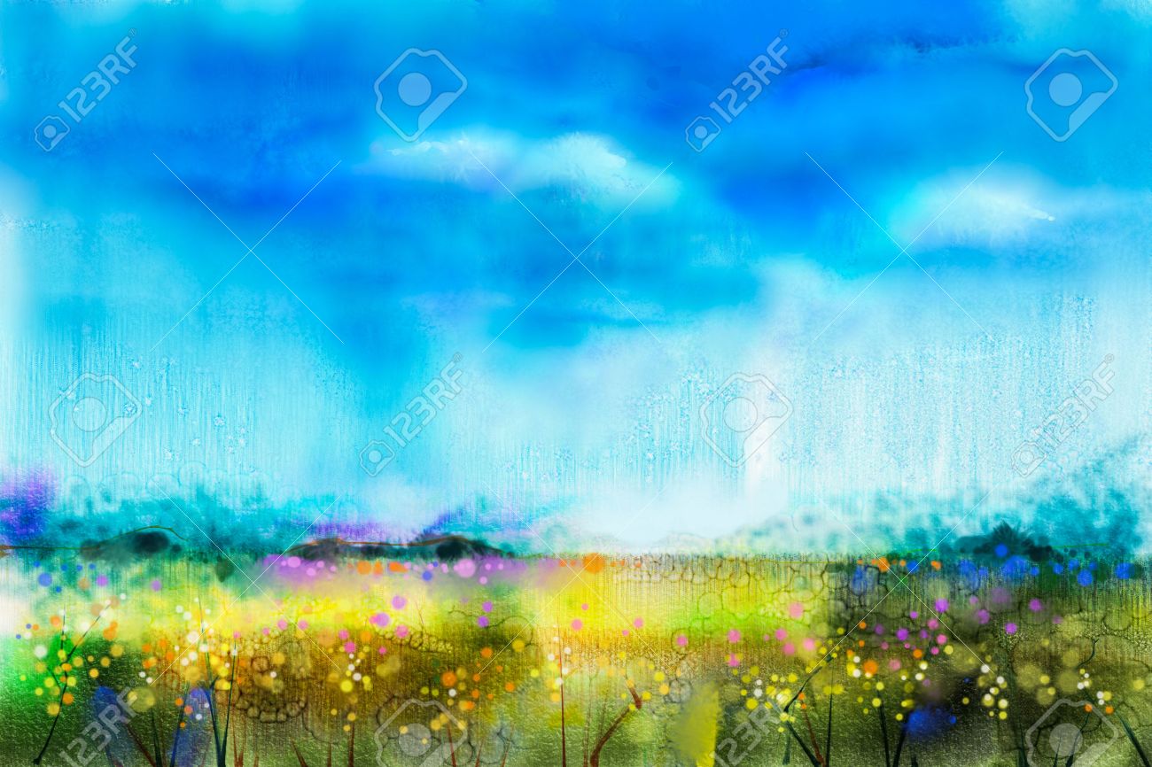 水彩画風景 野生の花 青い空 牧草地の野生の花の抽象的な塗料 手描きのフィールドに黄色と赤の花 春の花 季節の自然の背景 の写真素材 画像素材 Image